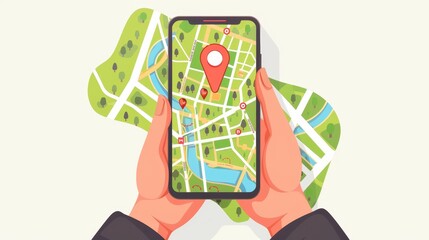 Poster - City map, GPS app on mobile phone screen. Hands holding smartphone with location mark, pointer. Modern illustration isolated on white.