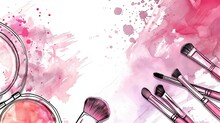 Fashion Cosmetics Horizontal Background. Handdrawn Modern Illustration With Watercolor Spots And Make-up Artist Objects.