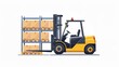 © Mark - The forklift unloads a box package on a warehouse shelf. Cargo storage, stockroom. A lifter and loader machine store cardboard in the warehouse. This is a static modern illustration isolated on a