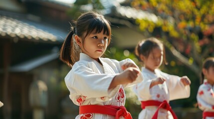 A group of children in karate gear. Generative AI.