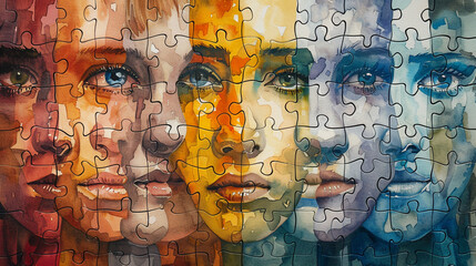 Watercolor puzzle of women face, symbol of autism awareness.