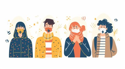 Poster - Mask-wearing people who cough with fine dust pollution. Banner template flat design style minimal modern illustration.