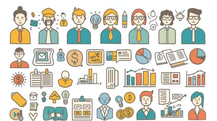 Poster - A modern illustration of finance icons and business people in a flat design style.
