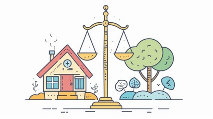 Poster - House and company on scales of both arms. Work-life balance. Illustration in flat design style.