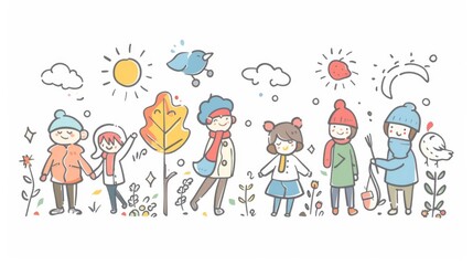 Poster - An illustration of four seasons with symbolic characters in a flat design style.