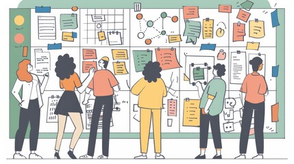 Poster - The office team is making plans around a large schedule board. This flat design style modern illustration illustrates the team making plans.