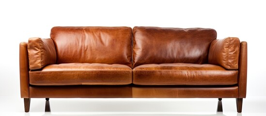 Poster - A brown leather couch, resembling the color of liver, is placed on a white rectangular hardwood flooring surface, providing comfort in a studio couch style