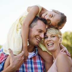 Poster - Family, happy and shoulder of parents and daughter, mother and portrait outdoors in park. Smile, love and bonding with young child in spring, affection and father carrying girl for care and support