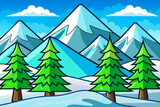 Fototapeta Las - Snow-capped mountains tower over evergreen trees in this majestic alpine setting.