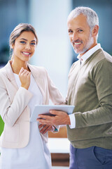 Poster - Businessman, woman and portrait with tablet or teamwork collaboration for web design, technology or partnership. Mature person, colleague and startup brainstorming with networking, online or office