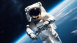 Spaceman astronaut floating in outer space. Earth planet on background. Designed for fantastic, futuristic, science or space travel backgrounds. Banner copy space. Earth day cosmonautics day concept