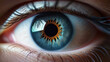 Close up shot of opened eye with beautiful blue iris. Healthy eyesight concept. Front view macro iris