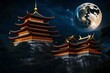 pagoda in the sky with moon and moon lights, in the style of realistic fantasy artwork, richly detailed genre paintings, dark gold and silver, wallpaper, chinese temple in the night