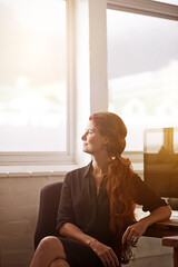 Wall Mural - Woman, work and think with smile at window for company idea, vision and growth with future in startup business, company growth. Female person, entrepreneur and desk with computer in office as hr.