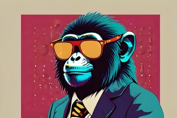 Wall Mural - Illustration of a fashionable monkey wearing sunglasses Generative AI