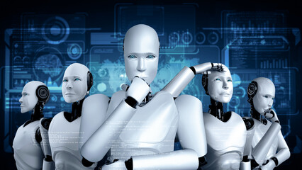 Poster - XAI 3d illustration of robot hominoid group in concept of future artificial intelligence and 4th fourth industrial revolution.