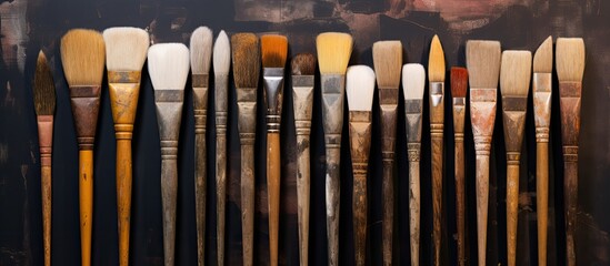 Poster - A row of writing implements is lined up, resembling a lineup of paintbrushes. The office supplies are made of wood, metal, and cylinders