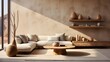 A soft minimalist living room in warm beige neutrals with curved low furniture and natural materials is shown in the interior wall mockup