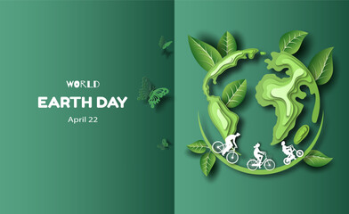 Wall Mural - World Earth day; happy family riding a bike with earth background, paper illustration, and 3d paper.
