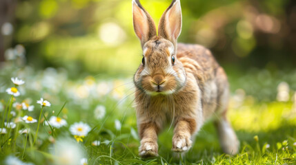 Rabbit jumping in the meadow with chamomiles