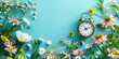 Daylight saving time concept. Summer time, winter time, changeover, switch of time. Seasonal spring or summer time. Clock as a timer for celebrations. Retro alarmclock on blue background