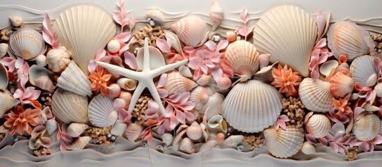 A creative arts display on a table showcases seashells and starfish stacked on top of each other, inspiring art, fashion accessories, and cuisine recipes using natural materials