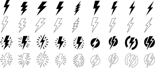 Black lightning bolt icons, lightning icon vector illustrations on white background, diverse designs from traditional to abstract, perfect for storm, electricity, speed concepts in web design, apps