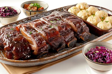 Wall Mural - Crispy Pork Belly with Handmade Dumplings and Braised Cabbage, on a white background, aerial perspective