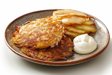 Wall Mural - Crispy Potato Pancakes with Sour Cream and Apple Sauce, isolated on white background