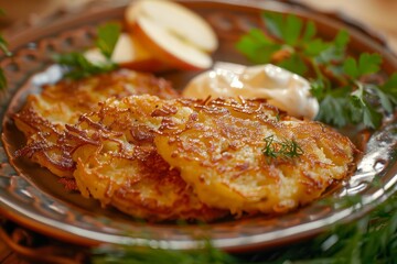 Wall Mural - Golden Potato Pancakes with Sour Cream and Apple Sauce, close-up on ceramic plate