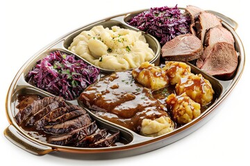 Wall Mural - German Sauerbraten Feast with Accompaniments, bright white backdrop, studio shot