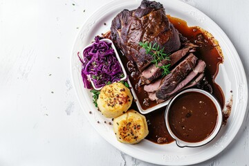 Wall Mural - Sauerbraten Platter: Meat, Red Cabbage, Potato Dumplings, Gravy, isolated on white background
