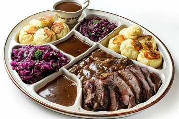 Wall Mural - Traditional Sauerbraten Dinner Set, white background, high angle view