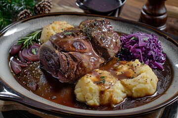 Wall Mural - Traditional German Sauerbraten Plate, red cabbage and potato dumplings on the side