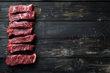 Canvas Print - Various cuts of raw Black Angus beef brisket displayed on a dark wooden table, ideal for commercial use or cooking preparation