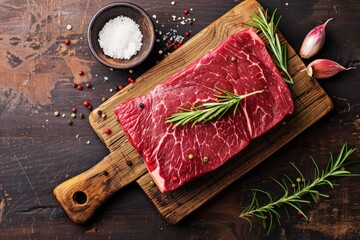 Wall Mural - A piece of raw marbled Black Angus steak resting on top of a wooden cutting board