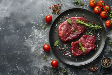 Canvas Print - A commercial food photo featuring two raw denver steaks on a black plate, accompanied by fresh herbs and tomatoes on a grey stone background