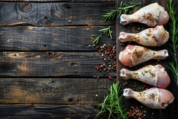 Wall Mural - Raw chicken drumsticks seasoned with herbs and spices like rosemary and thyme, displayed on a rustic wooden table