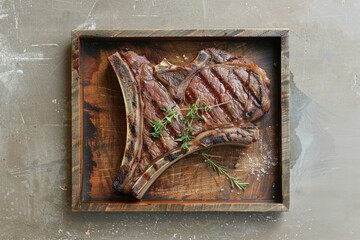 Canvas Print - A piece of steak is placed on a wooden cutting board, ready to be cooked or served