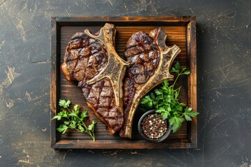 Canvas Print - Top view of two roast T-bone and porterhouse beef steaks on a wooden tray, garnished with fresh parsley and ready to be served