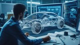Fototapeta Mapy - A man, wearing glasses, is working at a table in a building, designing a car using a computer. He focuses on the car's hood and automotive tires, making precise gestures for automotive lighting. AIG41