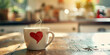A cup of hot tea with a heart on a wooden table surface. Positive emotions concept
