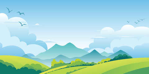Wall Mural - View of spring landscape, green meadows and hills, vector illustration	