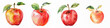 Set of four watercolor apples with leaves on a white background, vibrant and lively, suitable for healthy eating themes and empty space for text