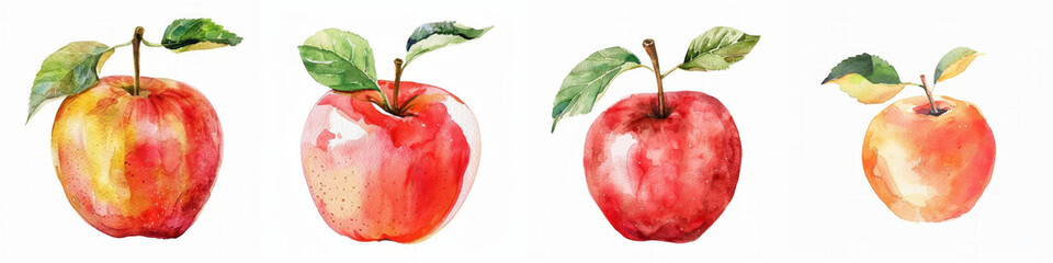 Wall Mural - Set of four watercolor apples with leaves on a white background, vibrant and lively, suitable for healthy eating themes and empty space for text