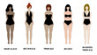 Women Body Shapes Types Vector in Black Swimsuit. Hourglass, rectangle, triangle, round, inverted triangle, Health Fit Fitness, beautiful, beauty girls