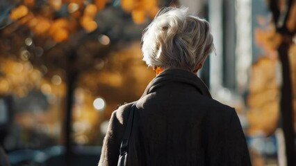 Wall Mural - Elderly woman with short gray hair walking on the street in autumn