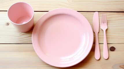 Cute children's plates and saucers. Creative serving for the baby. The concept of a children's menu, proper nutrition and top dressing.