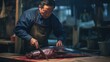Skilled chef expertly fillets a large fish at a bustling night market stand