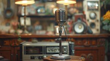 Classic Microphone And Vintage Radio On Wooden Surface.